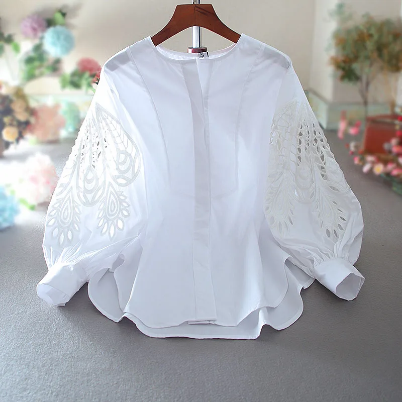 Elegant Hollow Out Women Shirts Summer New 2024 Solid Cotton Office Lady Lantern Sleeved Female Outwear Tops