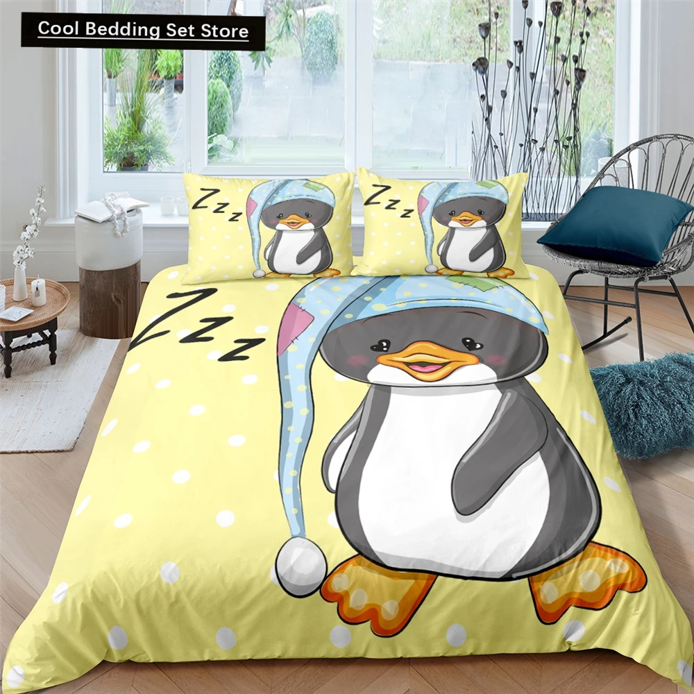 

Cartoon Penguin King Queen Duvet Cover Cute Animals Bedding Set for Kids Boys Girls Wildlife Yellow 2/3pcs Polyester Quilt Cover