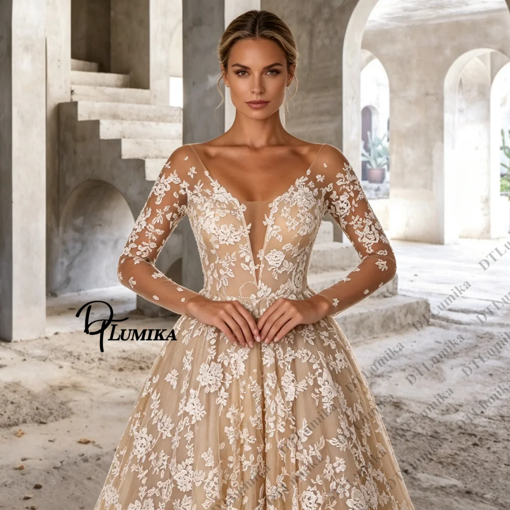 Champagne Floral Lace Wedding Dress for Bride Long Sleeves A Line Long Bride Dresses Customized V Neck Sweep Train Bridal Gown