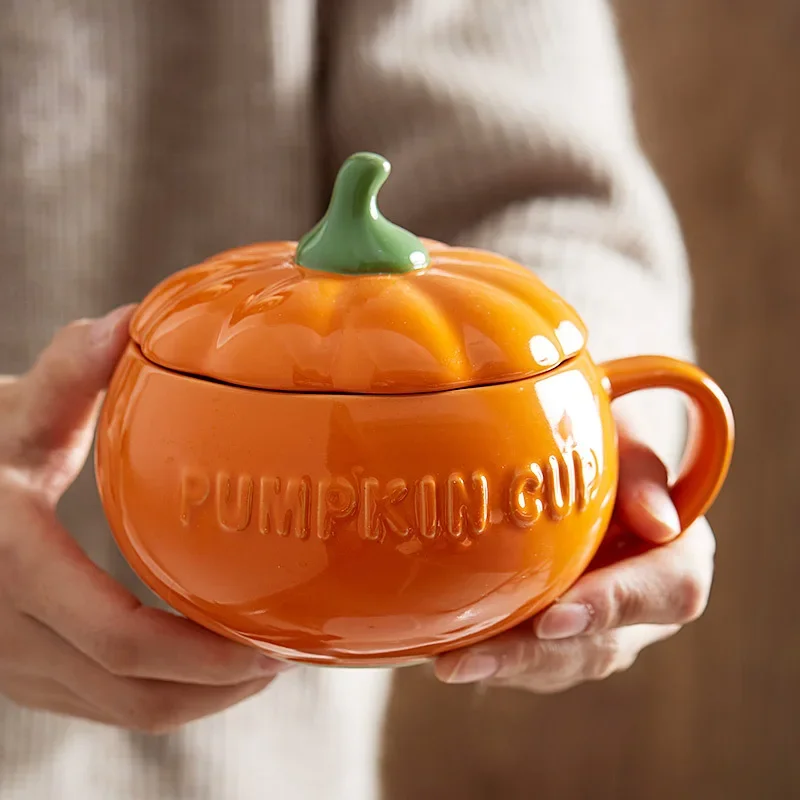 Ceramic Pumpkin Mug with Lid with Spoon Coffee Cups Milk Tea Breakfast Creative Handle Design Gift Drinkware Kitchen Halloween