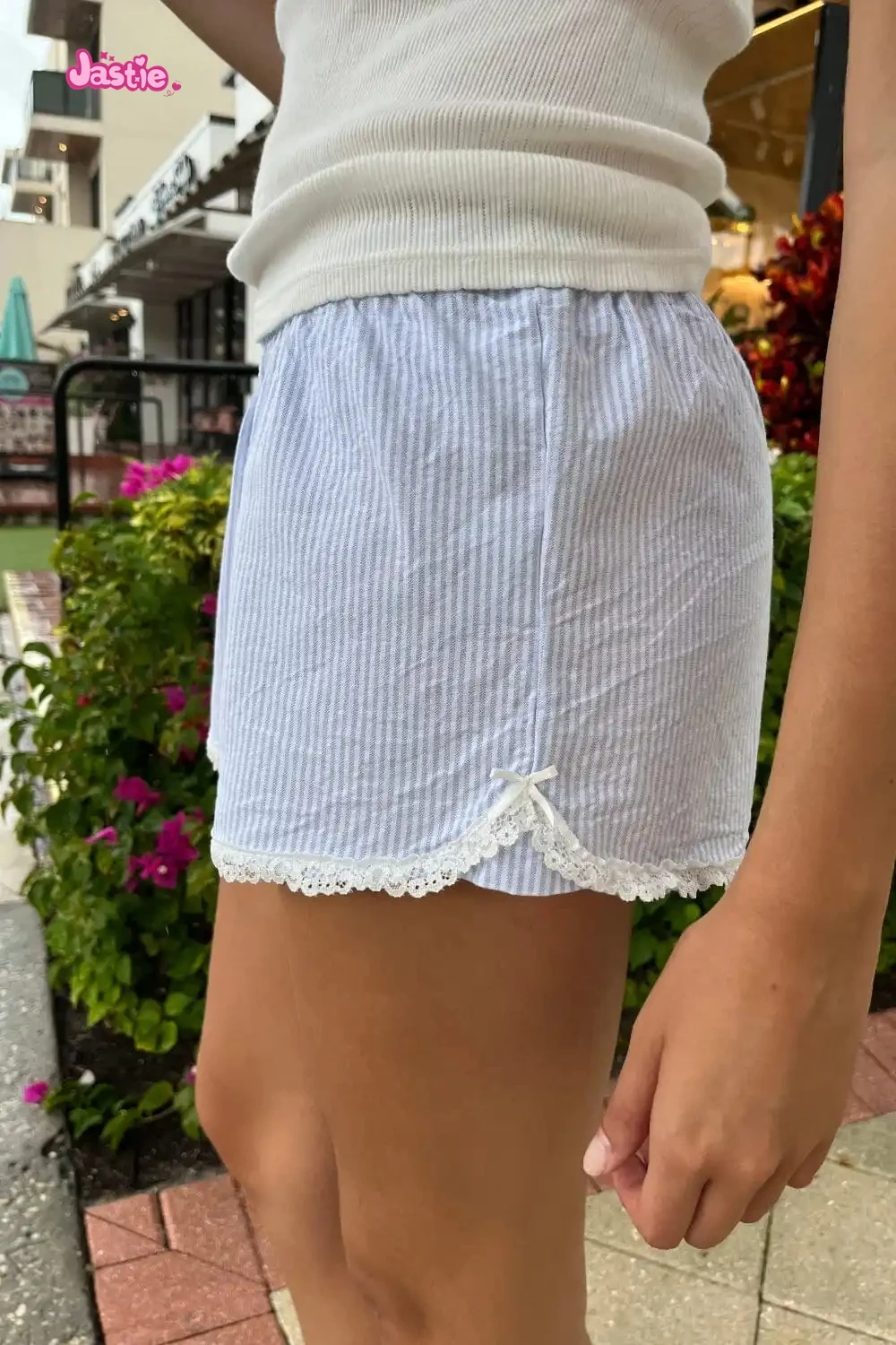 Lace Patchwork Stripes Shorts Women Cotton Buttons Elastic High Waist Casual Straight Short Pants Sweet Bow Summer Sweatshorts