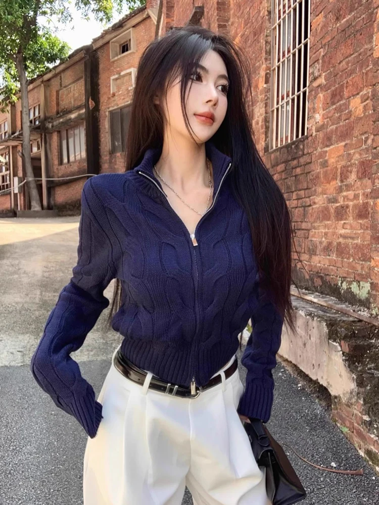 

Vintage Turtleneck Zipper Cardigan for Women Autumn Loose Long Sleeves Knitted Sweaters Y2K Ladies Soft All Match Jumpers