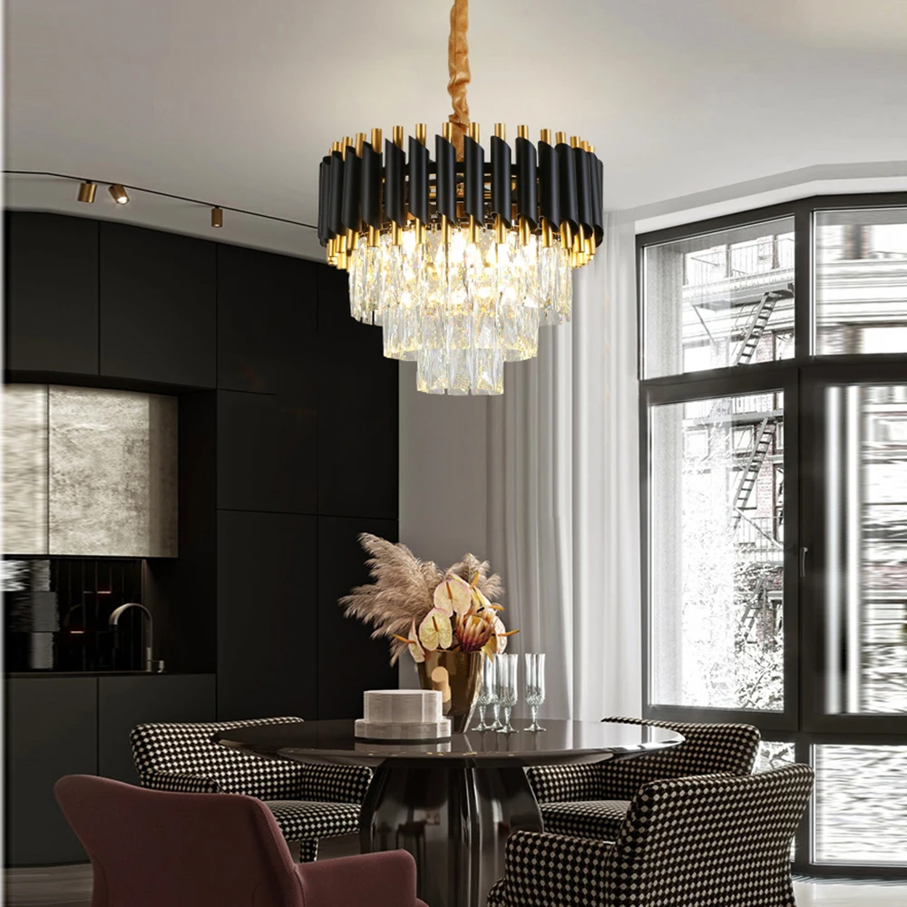 Luxury Crystal Chandeliers 2024 Black Home Decoration Lustre Dimmable LED Hanging Light Fixture for Living Room Decor