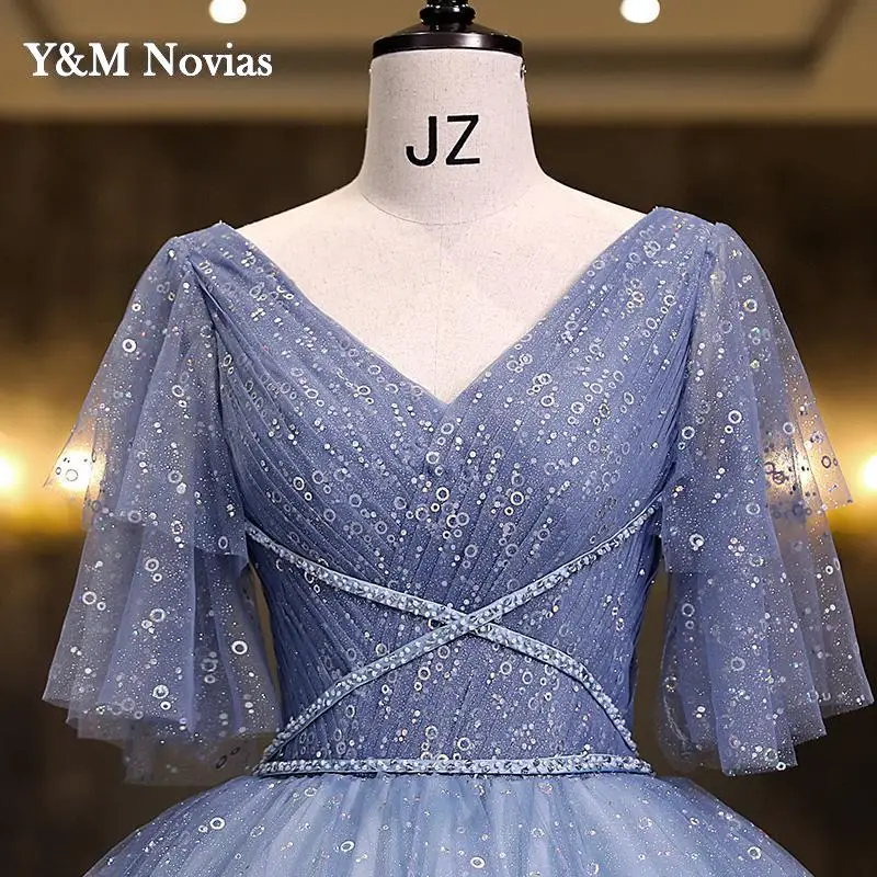 Y & m novias vestido de baile azul doce 16 quinceanera vestido 2022 novo decote em v apliques lantejoulas vestido de festa da princesa vestidos de 15 anos