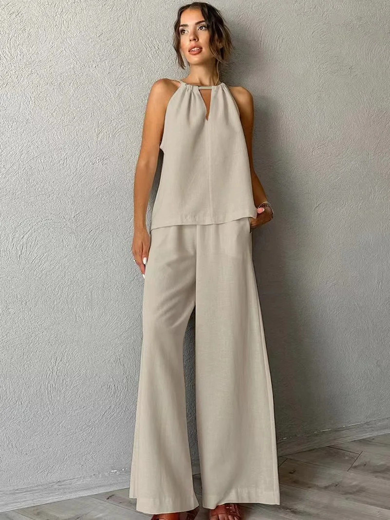 

Hanging Ne Hollow out Vest And Pants Set Cotton round Ne Two Piece Suit for Women Summer Faion Ensemble