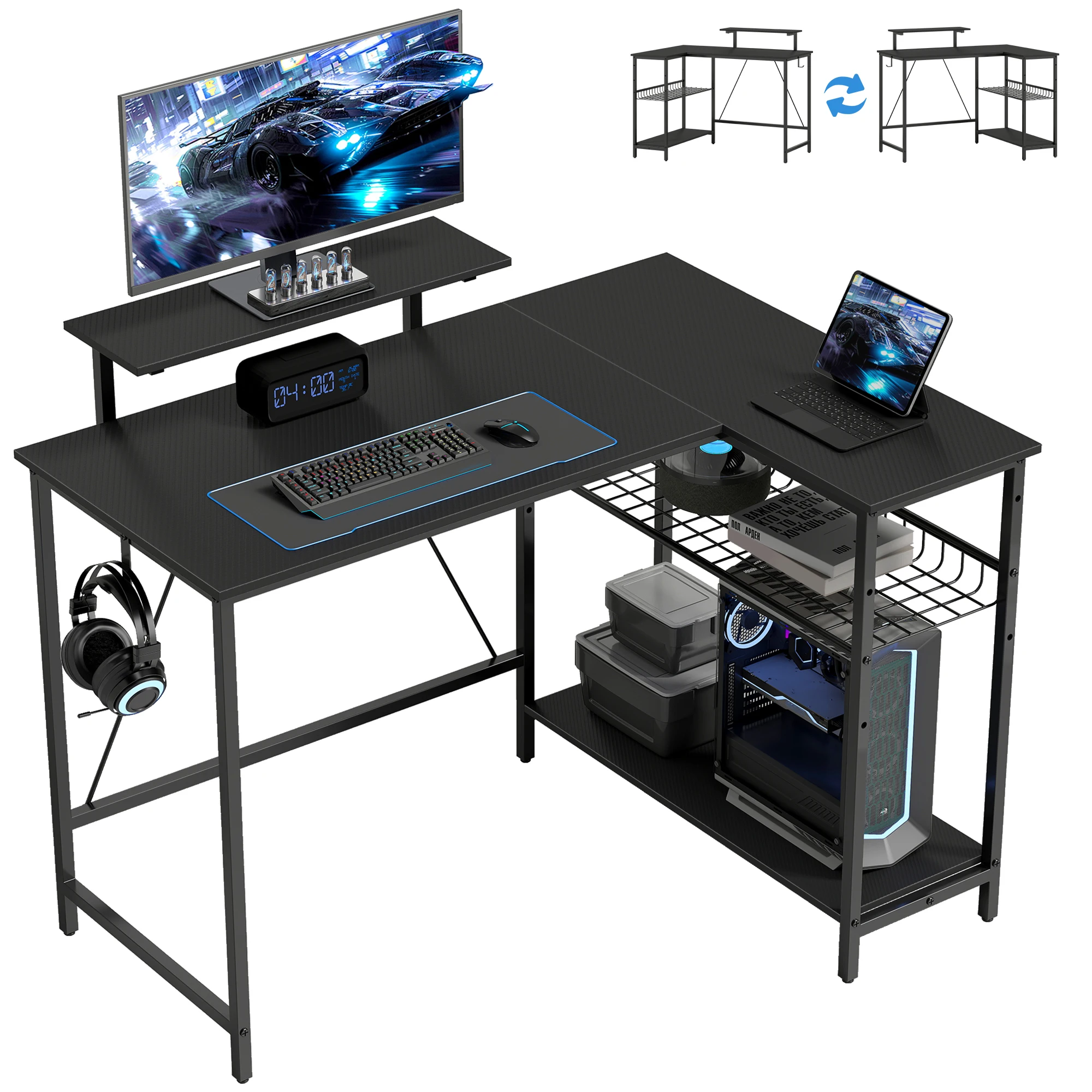 HOMCOM Bureau gaming réversible 114,5 x 82 cm, bureau gaming d'angle avec support pour écran et étagère en maille réglable, tabl
