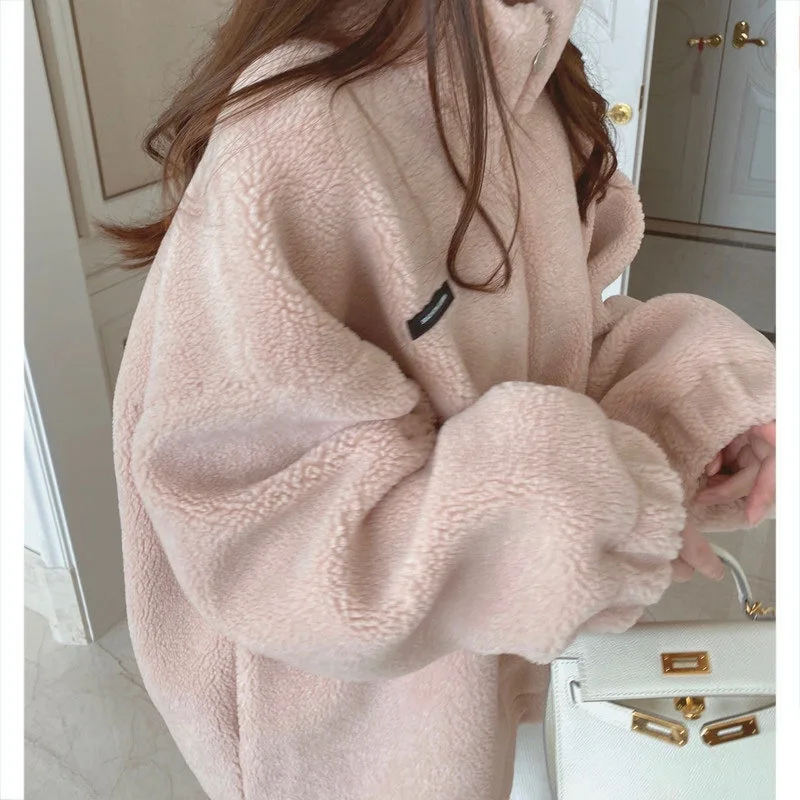 

Korean Style High End Sweater Cardigan Imitation Lamb Wool Thick Autumn Winter Petite Loose Short Coat For Women