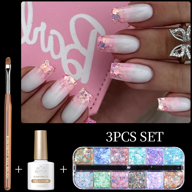 3Pcs BORN PRETTY Gradient Glitter Sequins DIY Gel Nail Polish Set Milky Jelly White Nail Varnish Soak Off UV Gel Nail Manicure