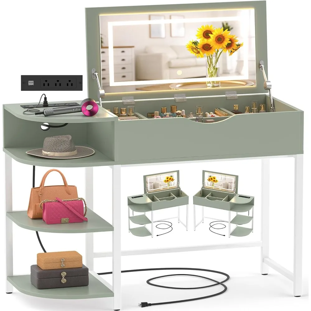 Dressing Table with Flip Mirror and Light, Dressing Table with Drawers, Dressing Table with Storage Rack and Tea