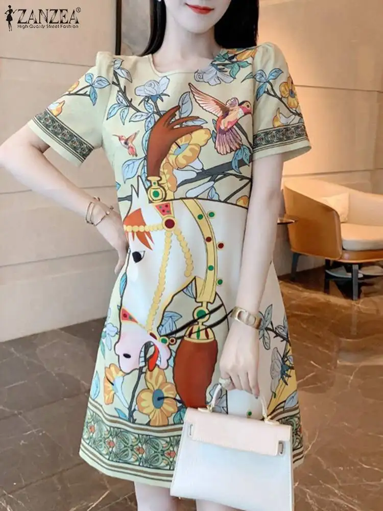 2024 ZANZEA Vintage Women O Neck Short Sleeve Dress Summer Casual Robe Femme Vestido Fashion Floral Printed Knee-length Sundress