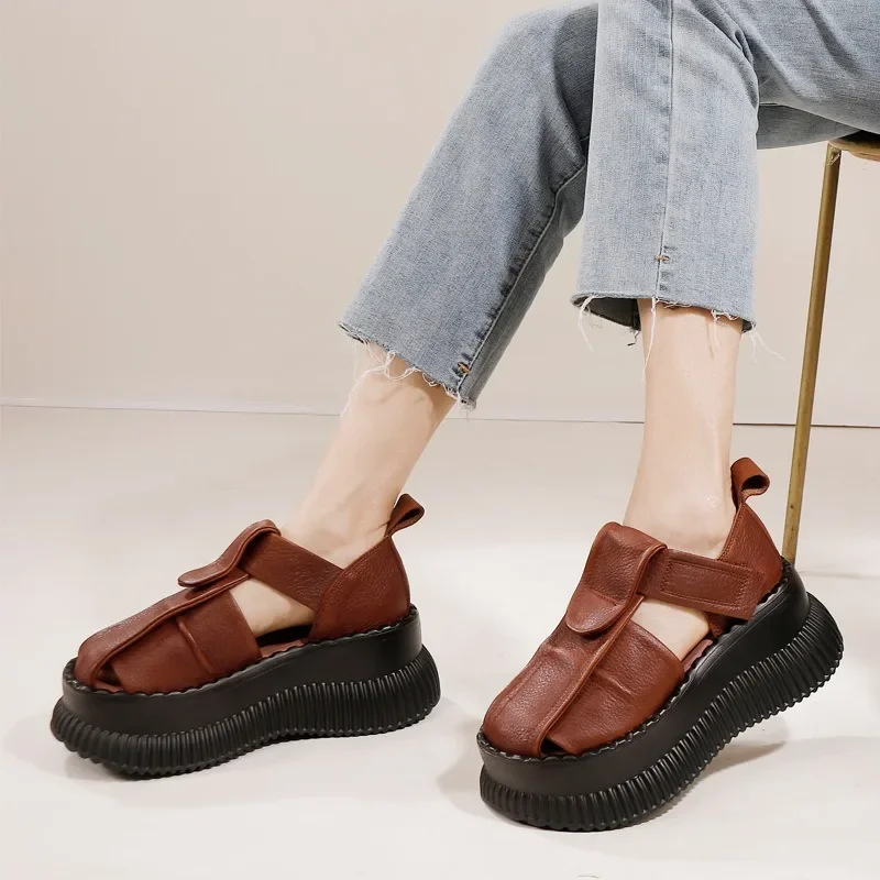 

Birkuir Hollow Out Women Flat Platform Sandals 8cm Thick Heel Slides Genuine Leather Round Toe Soft Luxury Hook Loop Sandals