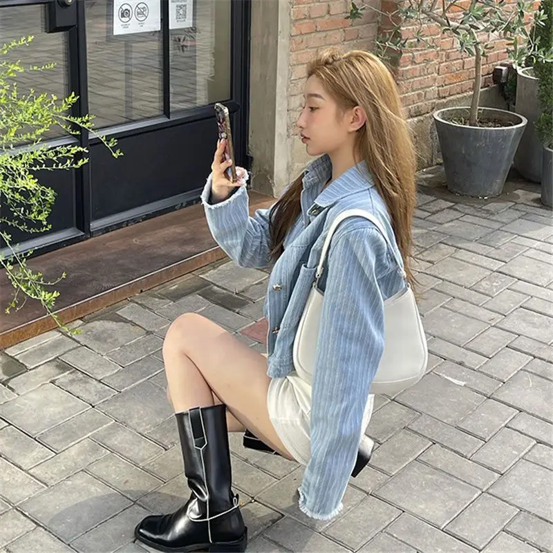 

YYAHAHAS Edge Striped Short Denim Jacket for Women, Autumn Korean Retro Hong Kong Style Long Sleeved Jacket Top