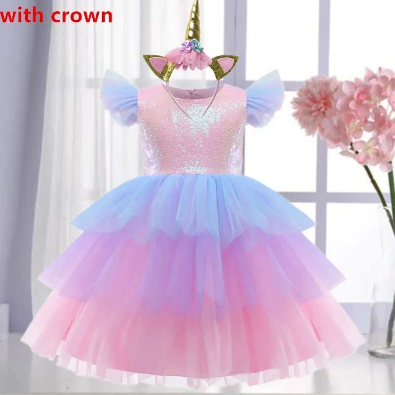 Girls Unicorn Rainbow Brithday Party Sequin Tutu Dress Kids Princess Weddling Evening Dresses New Children Cosplay Unicorn Dress