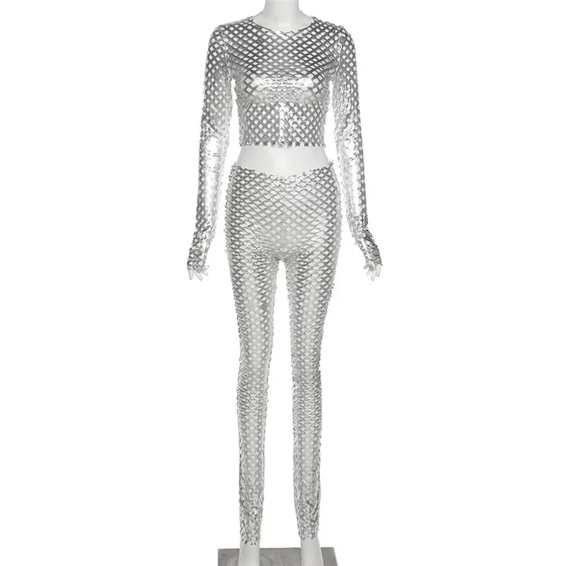 Women Suit Silver Shiny Hollow Out Tights Suit Long Sleeve Short T-shirt Bodycorn Trousers Set Sexy Partywear Mesh Skinny Pants