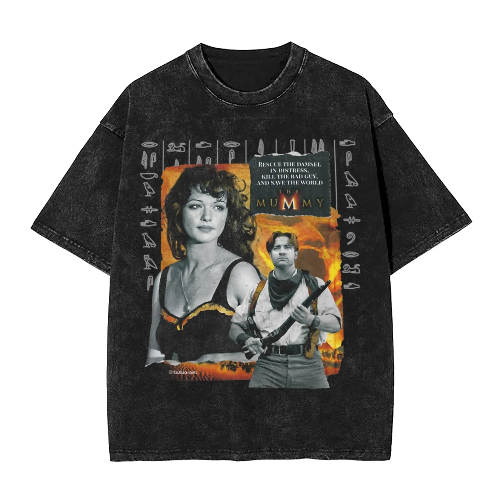 The Mummy symbol poster Rick and Evelyn Washed T Shirt Men Women 100% Cotton Humor T-Shirt Round Collar  Tees Short Sleeve Tops