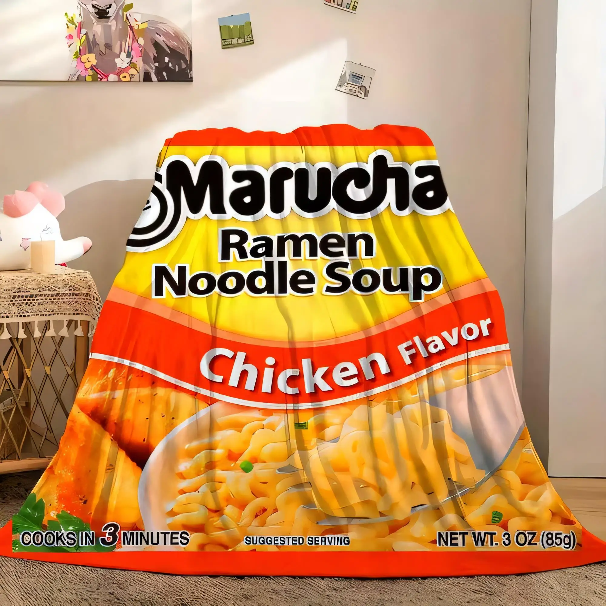 Manta de Felpa Suave y Acogedora con Diseño de Sopa de Fideos Ramen Marucha, Sabor a Pollo, Grande, Colorida, Decorativa, Perfecta para el Dormitorio o la Sala de Estar