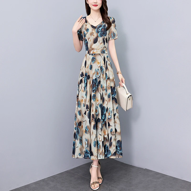 2025 Summer New Chiffon Floral Dress Women Elegant Fashion Bodycon Luxury Party Long Dress Korean Vintage Chic Prom Midi Vestido