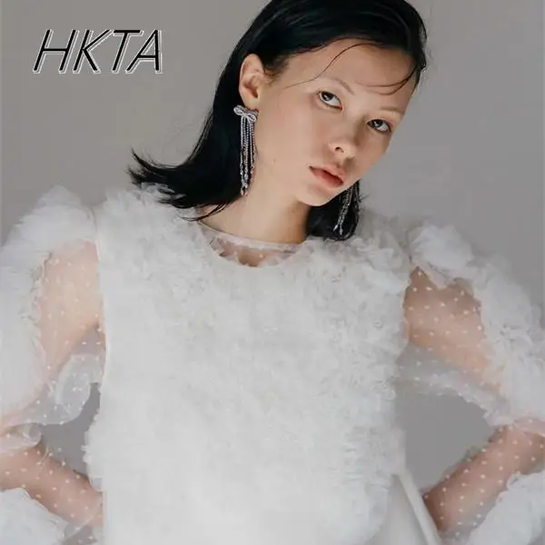 Kaus Pullover Jaring Polka Dot Tiga Dimensi Berlipat Tulle Manis Jepang Atasan Wanita Musim Panas Kemeja Lengan Panjang Leher Kru Baru