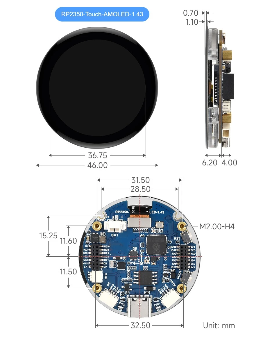 Placa de desenvolvimento de display RP2350 de 1,43 polegadas, display redondo de interface SPI, acelerômetro integrado e sensor giroscópio, chip RTC