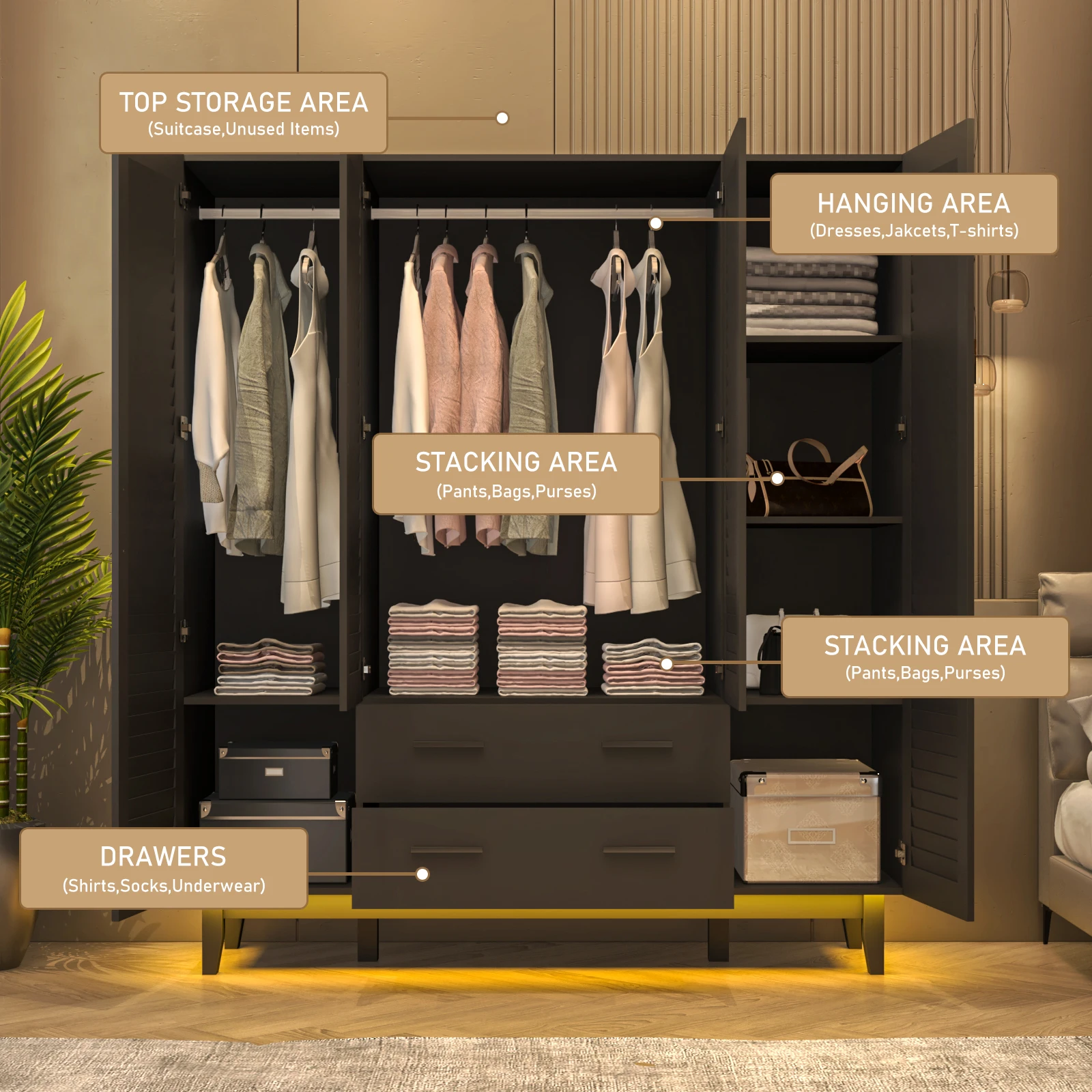 Large Capacity Storage Wardrobe Armoire for Bedroom, 4 Door LED Wardrobe with Drawers, Hanging Rod, 4 Louver Doors, Black