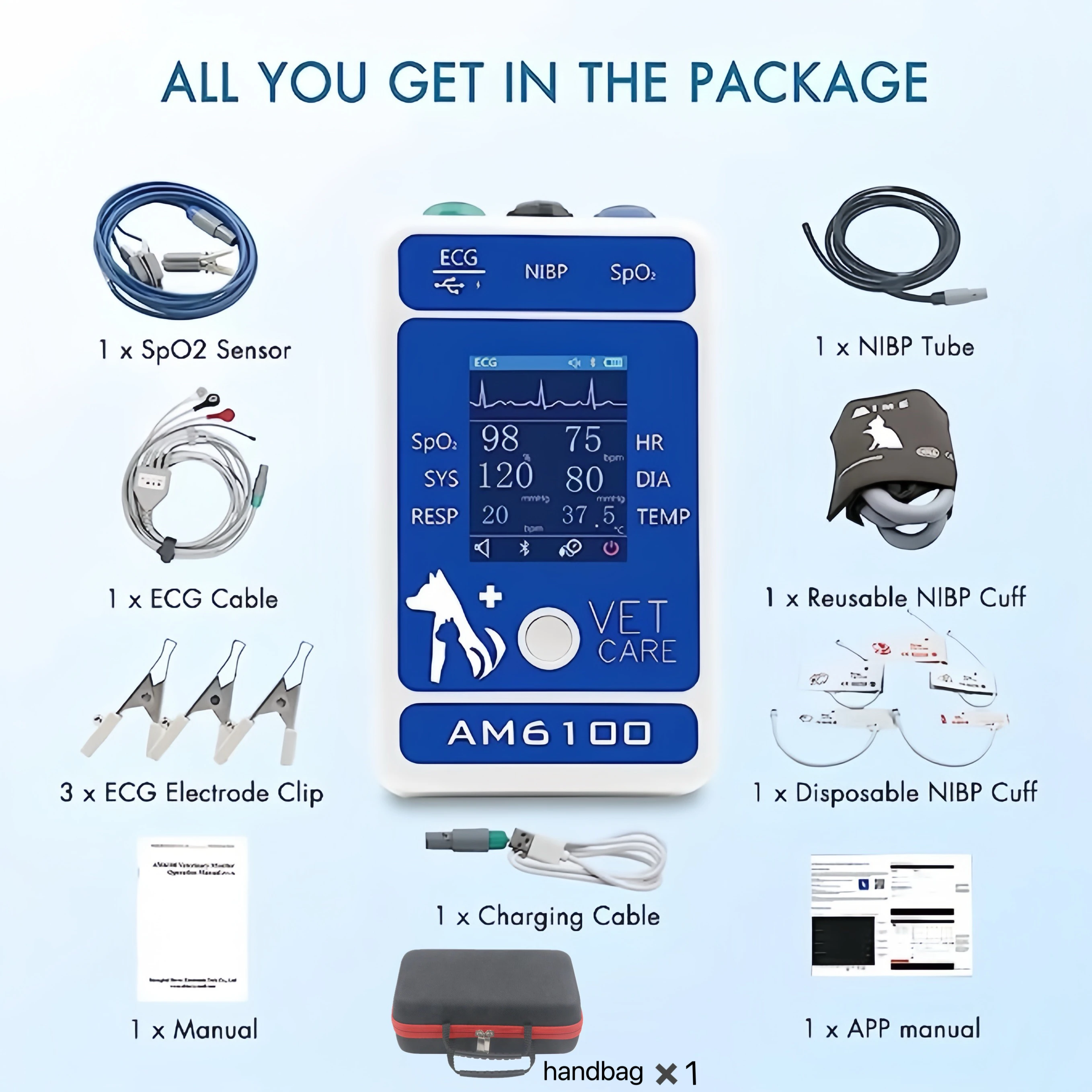 Veterinary monitors and animal vital sign monitors can handle: PR, HR, NIBP (blood pressure), Spo2, respiration, TEM