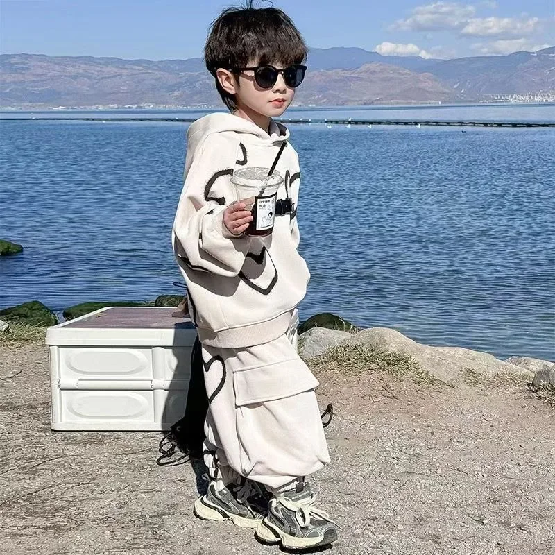 

Spring Winter Children Boy Girls Clothes Set Kid Heart Printed Hoodies Sweatshirts Pullover Top and Pants 2pcs Suit Tracksuits