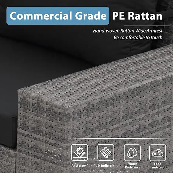 6 Piece Outdoor Patio Furniture Set - Wicker Sofa with Coffee Table, Powder-Coated Frame & Handwoven PE Rattan