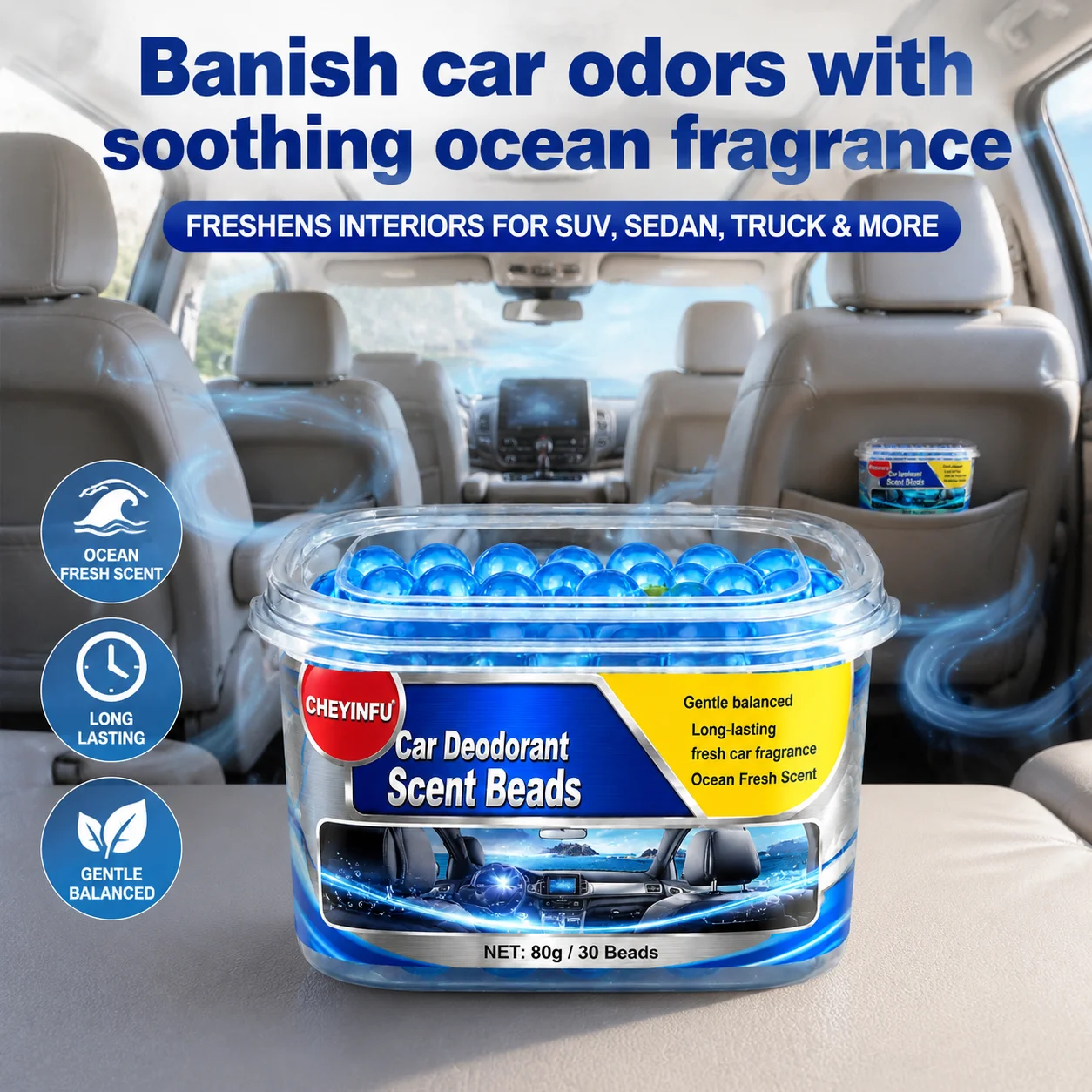 CHEYINFU 80g Car Deodorant Gel Beads Mild Balanced Ocean Fresh Fragrance Air Freshener