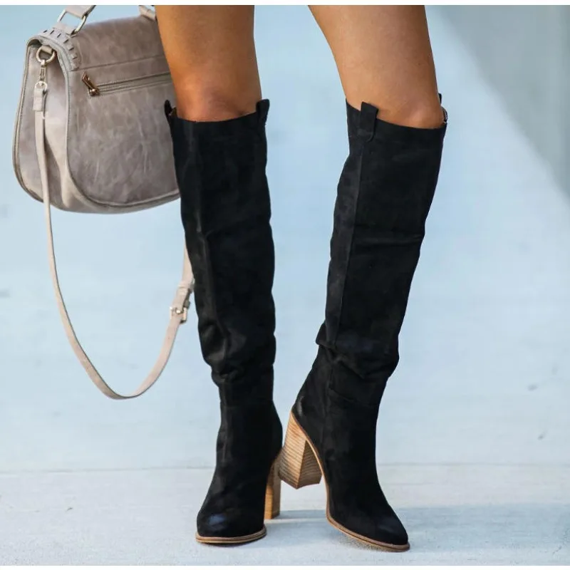 

New Women Fashion Casual Vintage Retro Long Knee-high Cowboy Boots Square Heel Shoes Boot Botas De Mujer