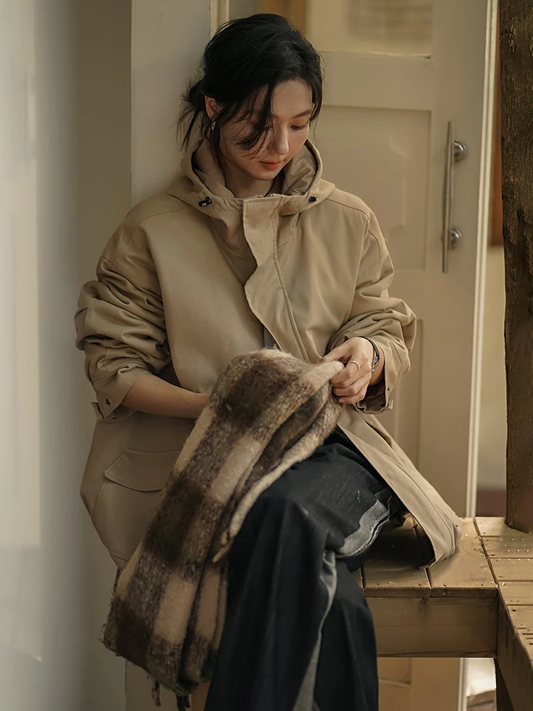 

Korean Sle Loose Fit Cotton Jaet Women's Spring New Arrival Hooded oulder-Length Sves Comfortable Straight Cut Coat