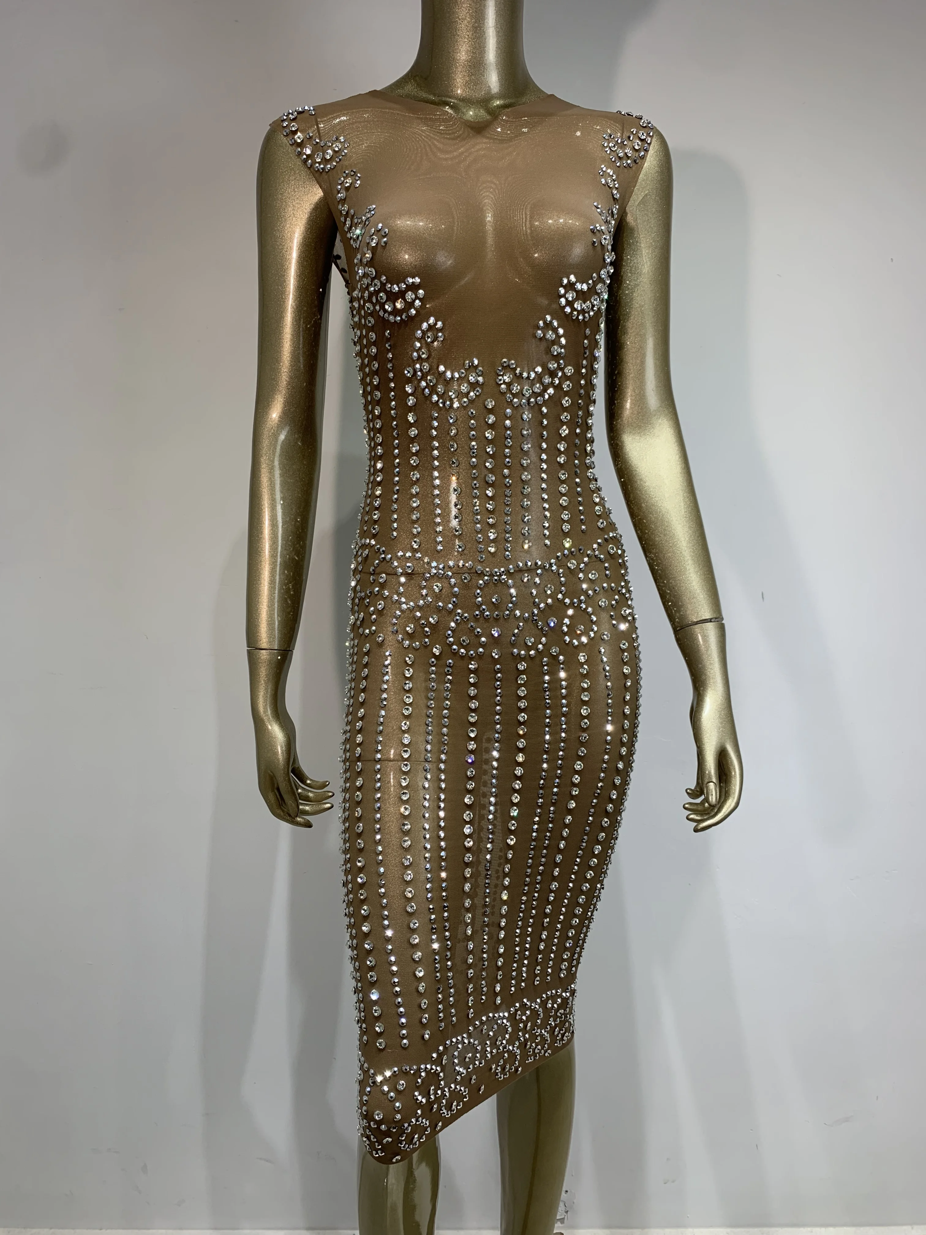 

Women Sparkling Diamond Sexy Mesh Perspecti Celebrity Sleeveless Dress Stage Performance Costume Evening Birthday Party Dresses