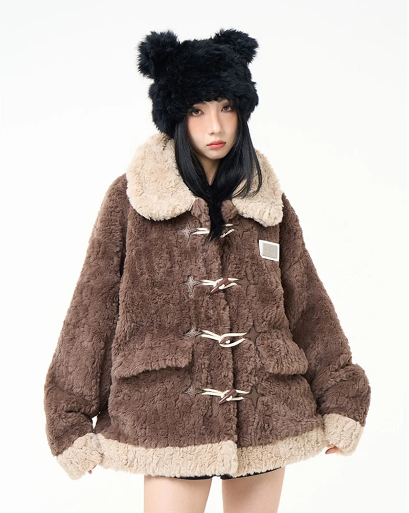 Chic Brown Women Shearling Jacket Toggle Button Coat Contrast Collar Loose Cozy Preppy Streetwear Winter Outerwear Top