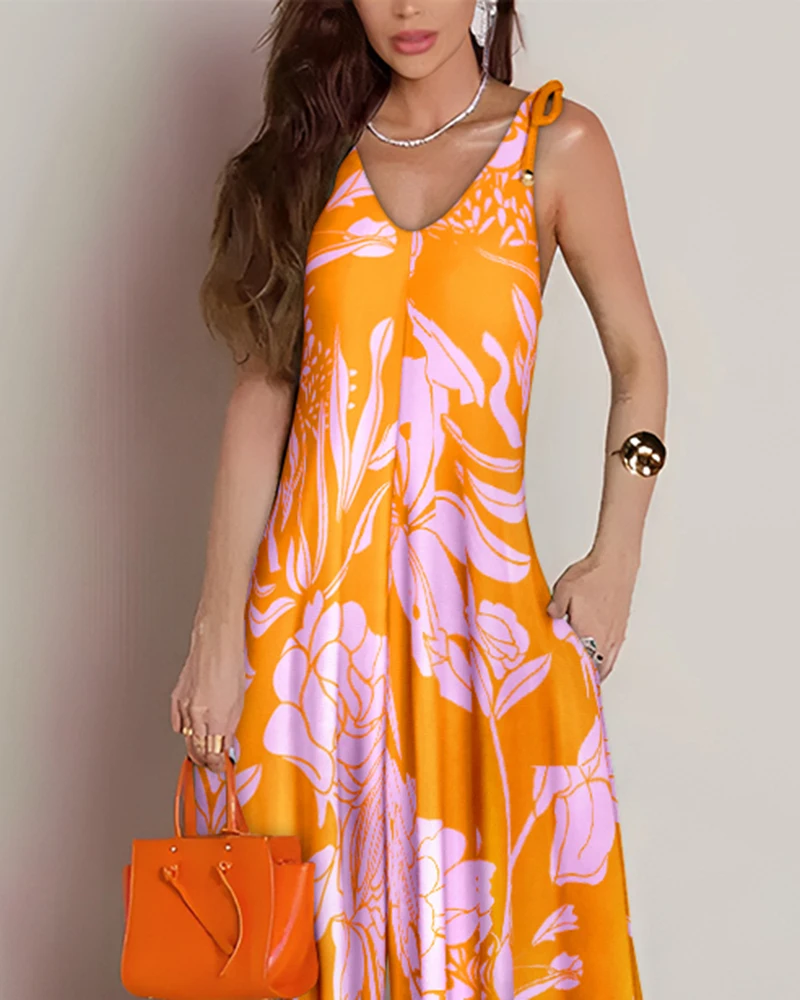Jumpsuit Woman Floral Print V Neck Lace Up Strap Jumpsuit Casual Pocket Design Romper Fashion 2025 Spring Summer