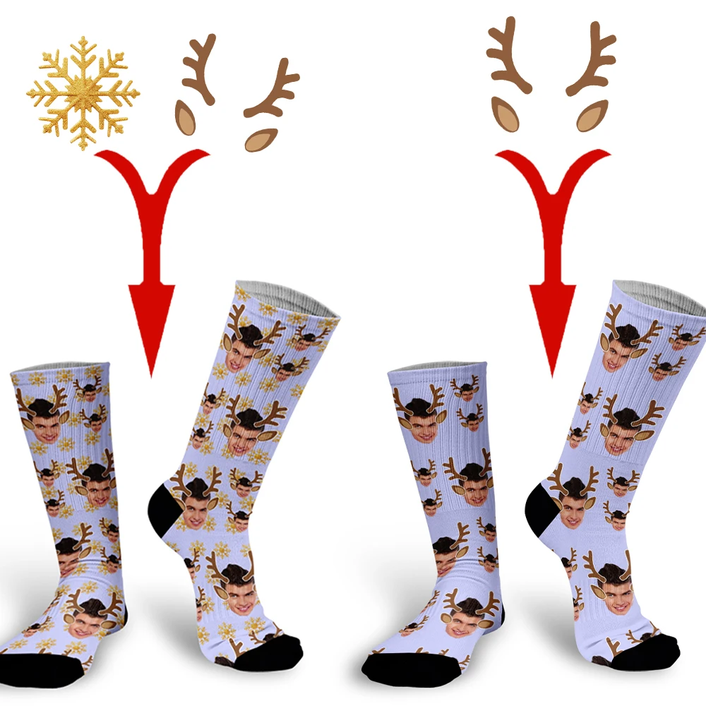 Custom Christmas socks fashion men women 3D print antlers snowflake pattern socks novelty  personalized holiday gift face socks
