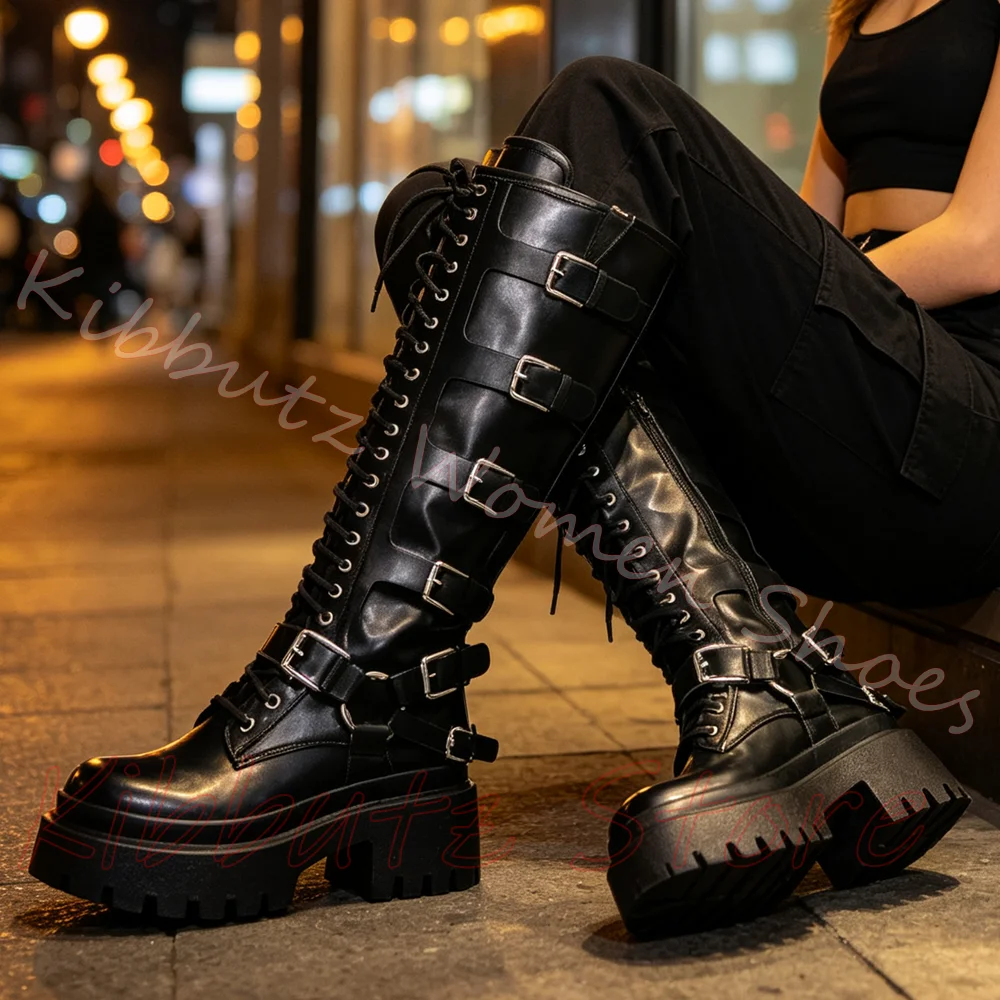 Knee High Combat Boot Multi Buckle Leather Women Lug Sole Side Lace Up Punk Goth Motorcycle Footwear Fashion Elegant Concise New view 2