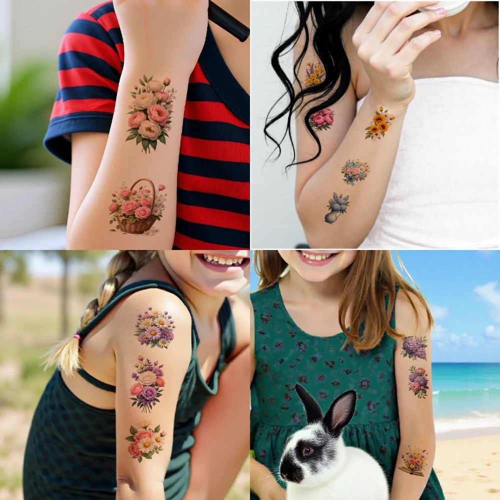 63 pçs tatuagem temporária margaridas à prova dwaterproof água de longa duração corpo adesivos peônias bules ilustração vasos para ombros