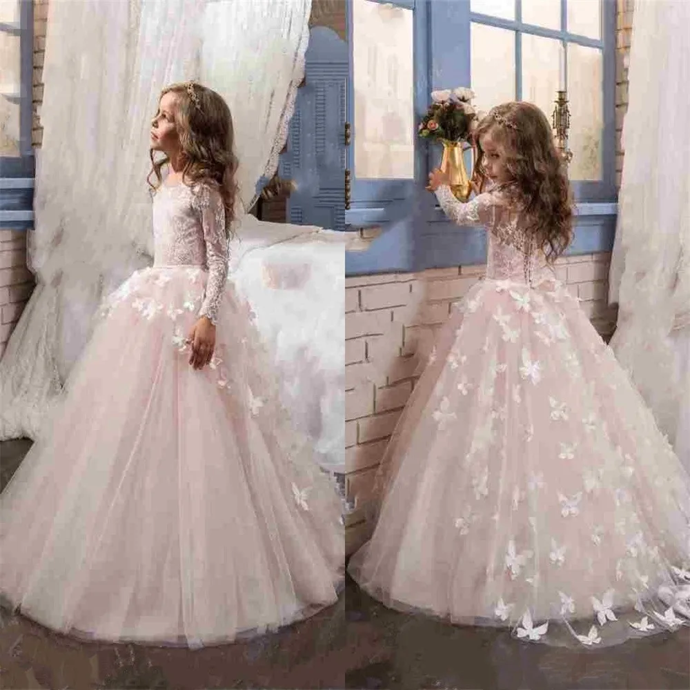 

Customized Pink Flower Girl Dress For Wedding Lace Applique Full Sleeves Kids Birthday Party First Communion Ball Gown