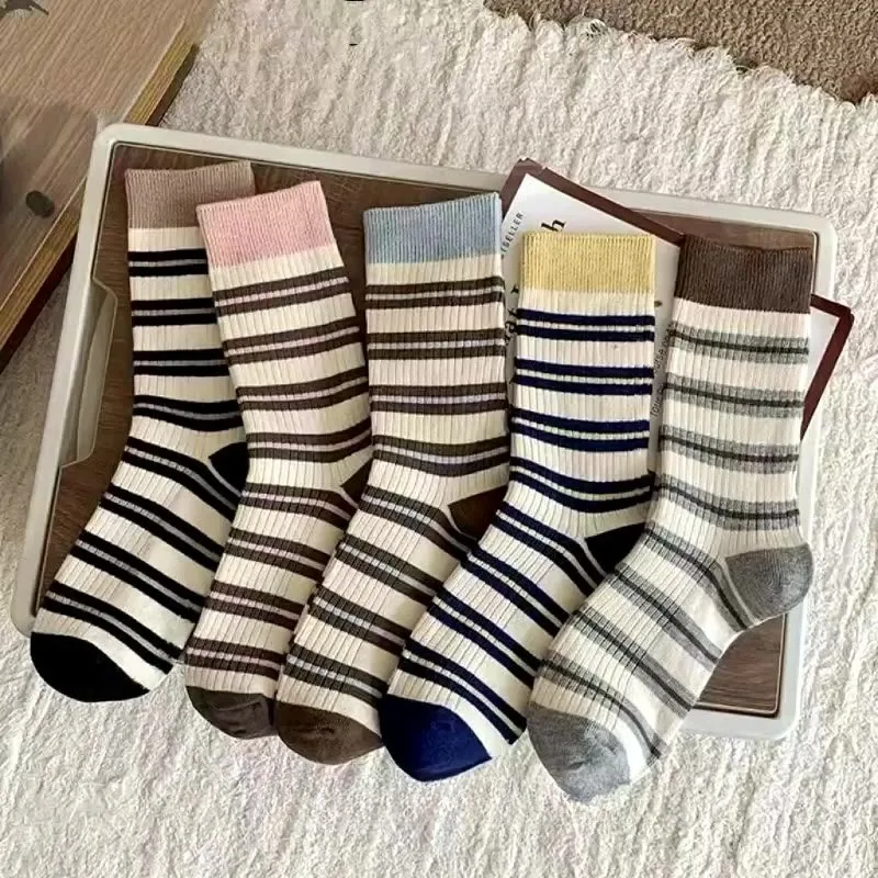 

5 Pairs Fall Winter Striped Color-Block Mid-Calf Socks Set Short Woman Grip Cozy Socks Fashion School Warm Socks for Girls 2025