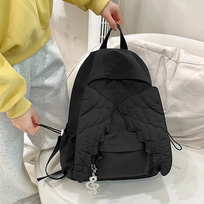

Cute Angel Wings Quilted Backpack Fashion Nylon School Bag Stylish Embroidered Pattern Casual Backpack Spacious Daily Travel Bag