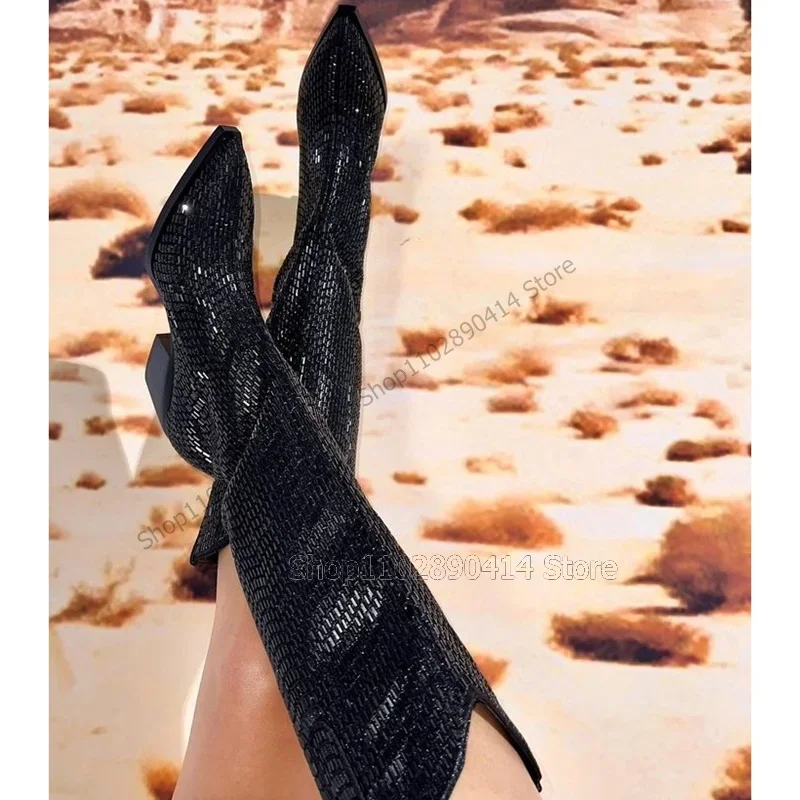 متعدد الألوان حجر الراين ديكور أشار تو الأحذية الانزلاق على أحذية النساء حذاء بكعب عالٍ مكتنز موضة مأدبة 2023 Zapatos Para Mujere