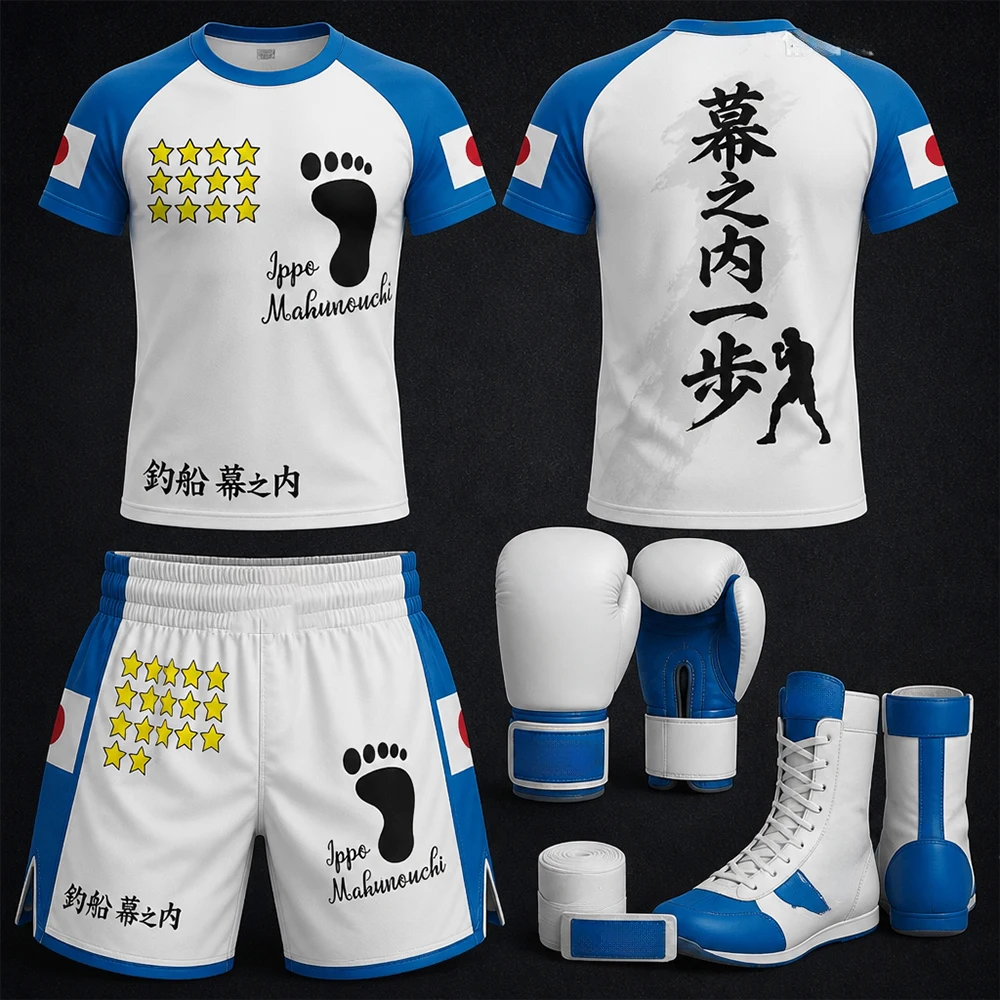 Summer New IPPO T-shirt Muay Thai Shorts Set Men Oversized Quick-Dry MMA Anime Enthusiast Sport Shorts Octagonal Cage Tshirt Set