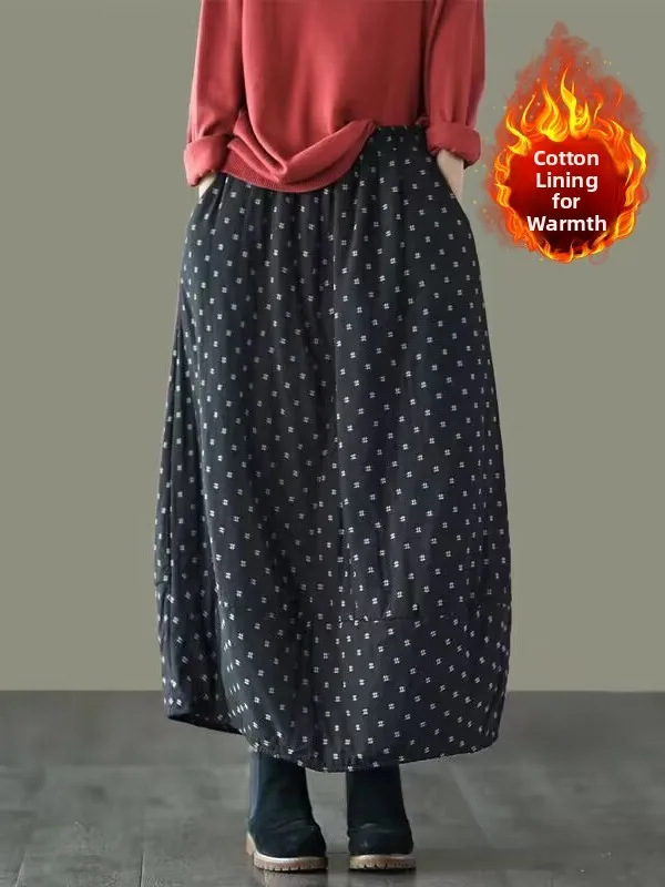 Thiened الخريف الشتاء الرجعية القطن الكتان f تنورة كبيرة الحجم المرأة مرونة الخصر التخسيس ميدي ألف خط القطن تنورة