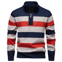 2025 Autumn Winter Knitting Pullovers Men Patchwork Striped Fashion Stand Collar Pull On Knitted Sweater Man Thick Warm Knitwear 6