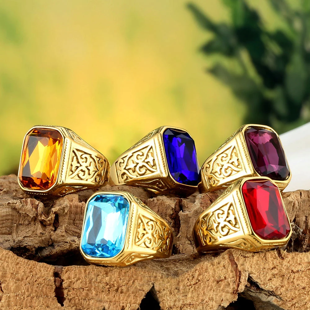 

Punk Hip Hop Rock Blue Black Red Stone Rings Men Women Fashion Geometric Shape Anniversary Party Wedding Luxury Jewelry Gift