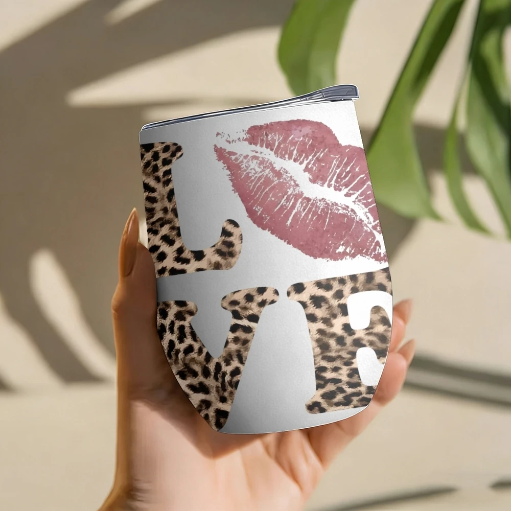 Modische Leopardenmuster-Thermo-Trinkflaschen, 12oz isolierter Weintumbler, Vakuum-Kaffeebecher, eiförmiger Thermosbecher