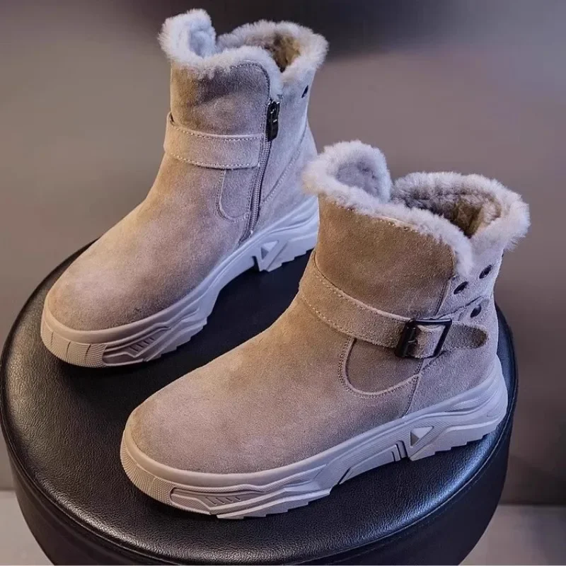 Winter Warm Snow Boots Women Korean Zipper Plush Suede Short Boots Fashion Belt Buckle Platform Non-slip Causal Cotten Shoes