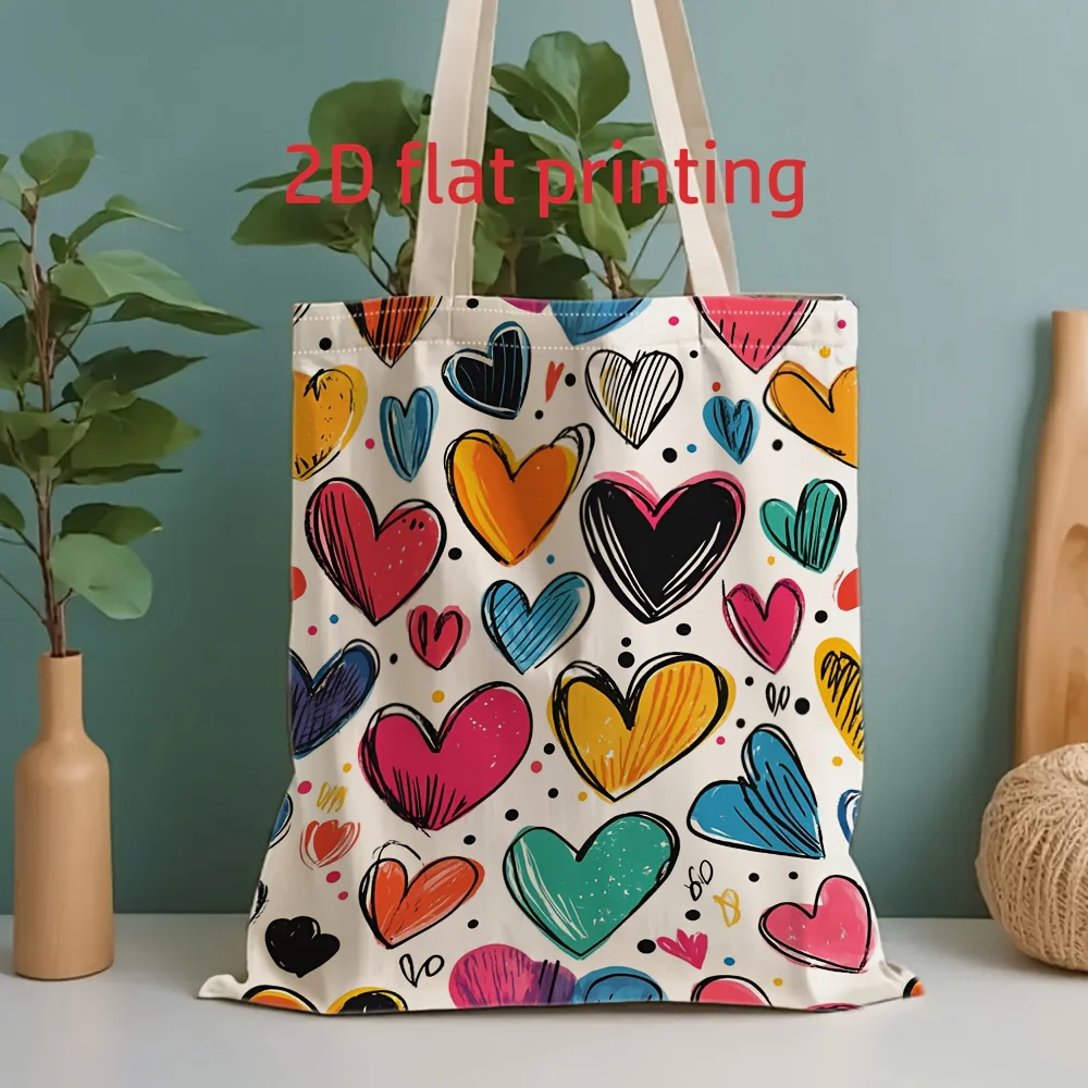 Vibrant Multicolor Heart Print Tote Bag - Pastel & Multicolor (Pink, Blue, Yellow, Orange, Green, Black, White) - Unisex Canvas