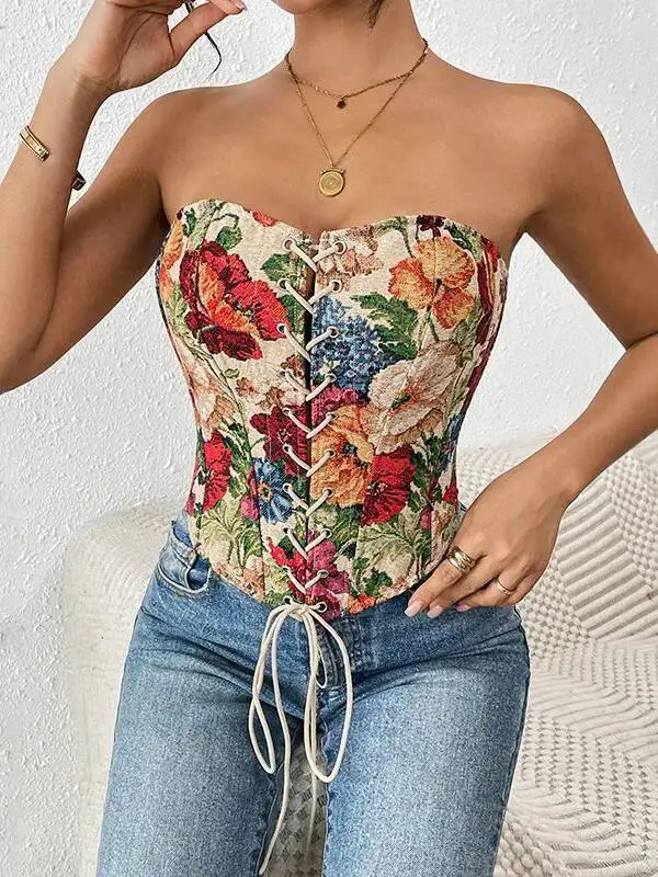 Fishbone French Casaul Fashion Style Vest Strapless Floral Print Slim Fit New Lace-up Street Wrap Chest Niche Tank Top Q1SJ