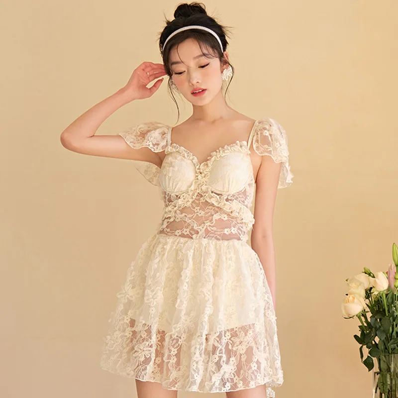 

Wisuwore The Pure Sexy Lace One-piece Swimsuit for Women Covered Belly Thin Fairy Skirt Conservative Girl Hot Spring Swimsuit