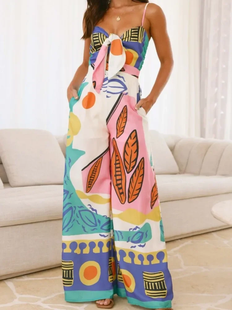 Nice Summer New Women Print Spaghetti Strap Jumpsuits Sexy Hollow Out Leace-up High Waist Wide Legs Bohemian Elegant Jumpsuit